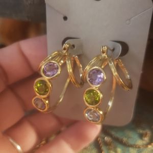 Vintage 925 Vermeil & Swarovski Triple Stacked Dimensional Hoop Earrings